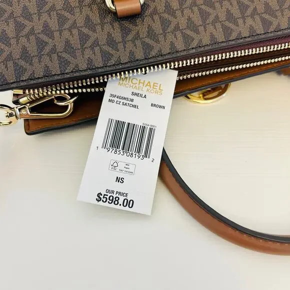 Michael Kors Purse Medium Sheila Signature Logo and Metallic Satchel Brown - Picture 7 of 10